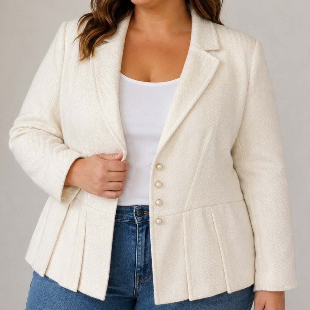 Tahari Arthur S Levine Blazer Women's 16 Ivory Peplum Herringbone Career Jacket